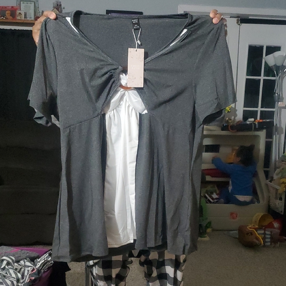 Gray and White Top with Front Tie